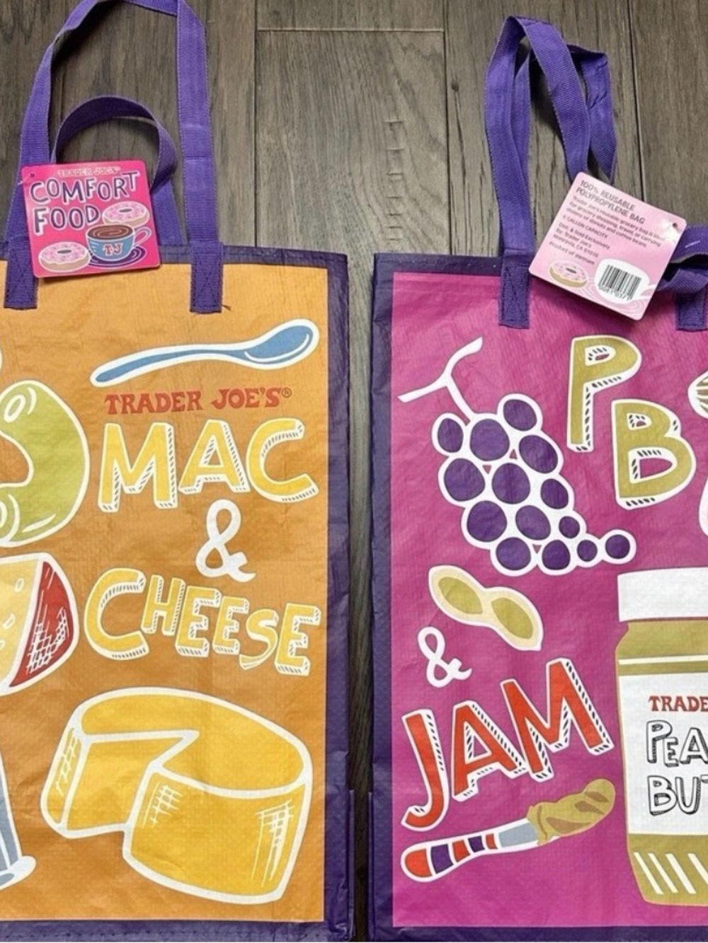 Trader Joe's Reusable Grocery Tote Bags - Mac & Cheese + Jam